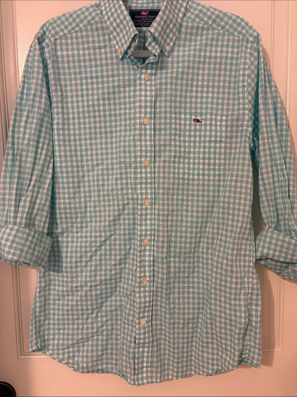Vineyard Vines Men’s Aqua and White Gingham Button-Down Shirt